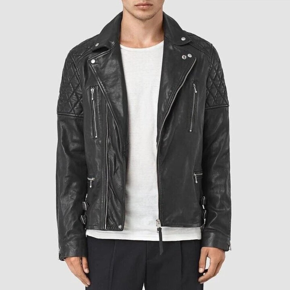New All Saints Yuku biker moto quilted boxy zipper 100% lamb leather jacket